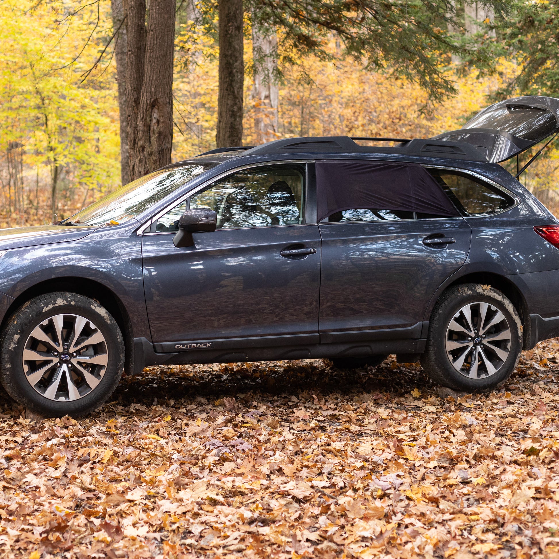 The 2018 Subaru Outback with CarToCamp Mesh Window Screens is parked in the woods.